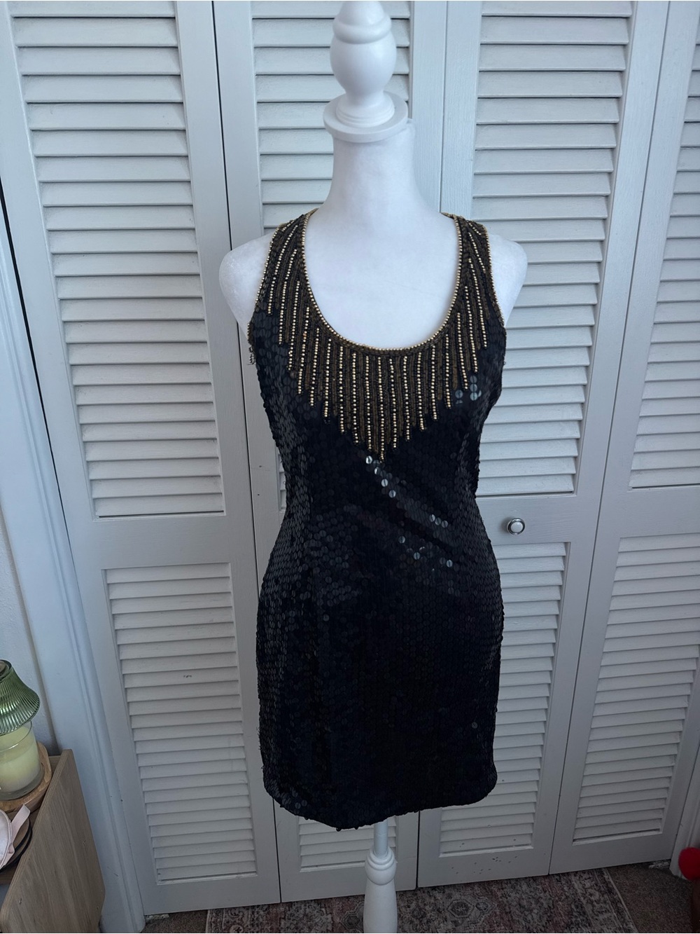Lew Megram Black Sequin Mini Dress with Gold Beaded Fringe Detail